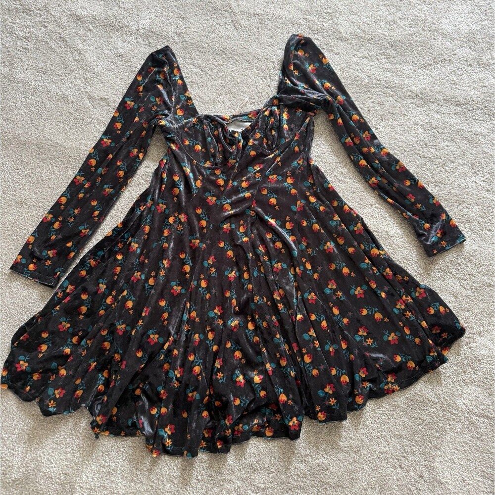 Free People Black Floral Midi Dress with Orange and Teal Accents